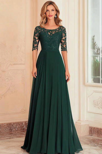 Elégant vert foncé A-ligne col bateau en mousseline de soie Longue mère de la mariée robe avec appliques de dentelle